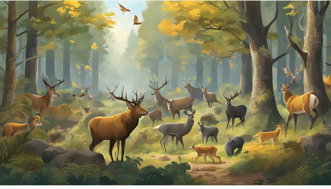 A forest clearing with changing foliage, surrounded by animals in various stages of hunting and gathering