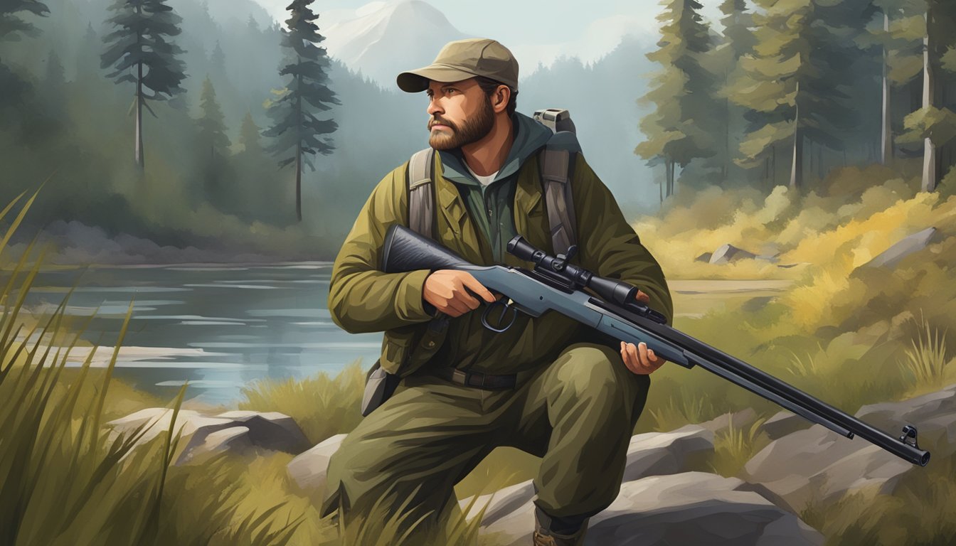 A hunter carrying a rifle with a solemn expression, surrounded by nature