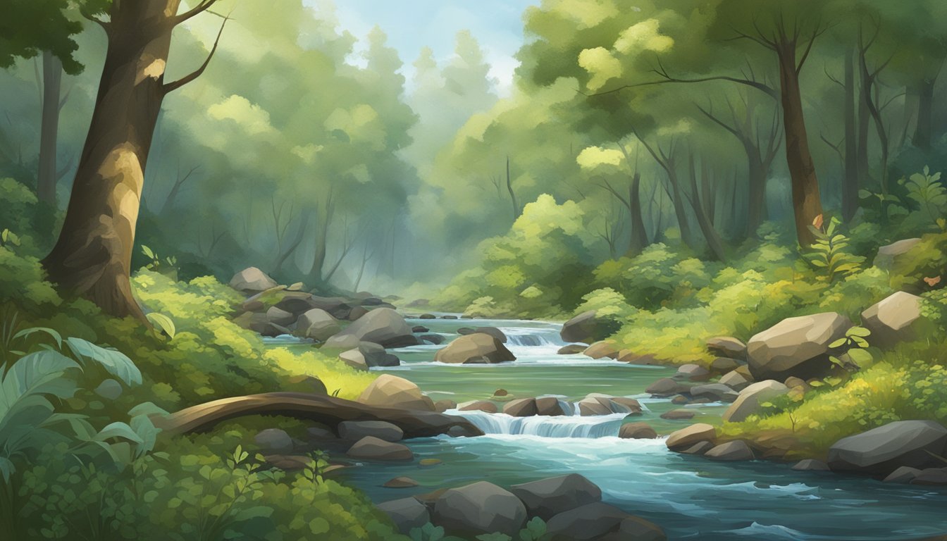 A lush forest with a clear, flowing river, surrounded by diverse wildlife and scattered foraging tools