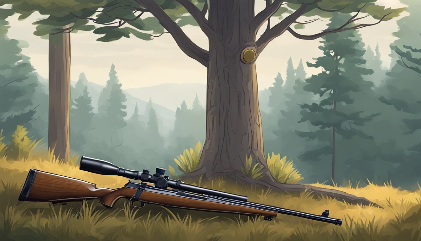 A hunter's rifle resting against a tree, surrounded by the quiet stillness of the forest