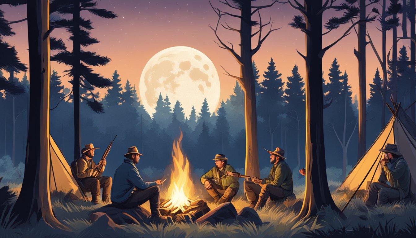 A group of hunters gather around a campfire in a forest clearing, surrounded by tall trees and the glow of a full moon