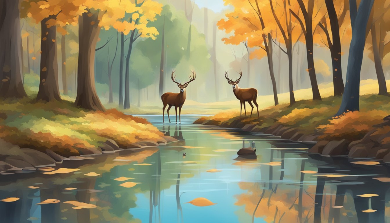 A tranquil forest clearing with fallen leaves, a deer drinking from a stream, and the changing colors of the trees reflecting in the water