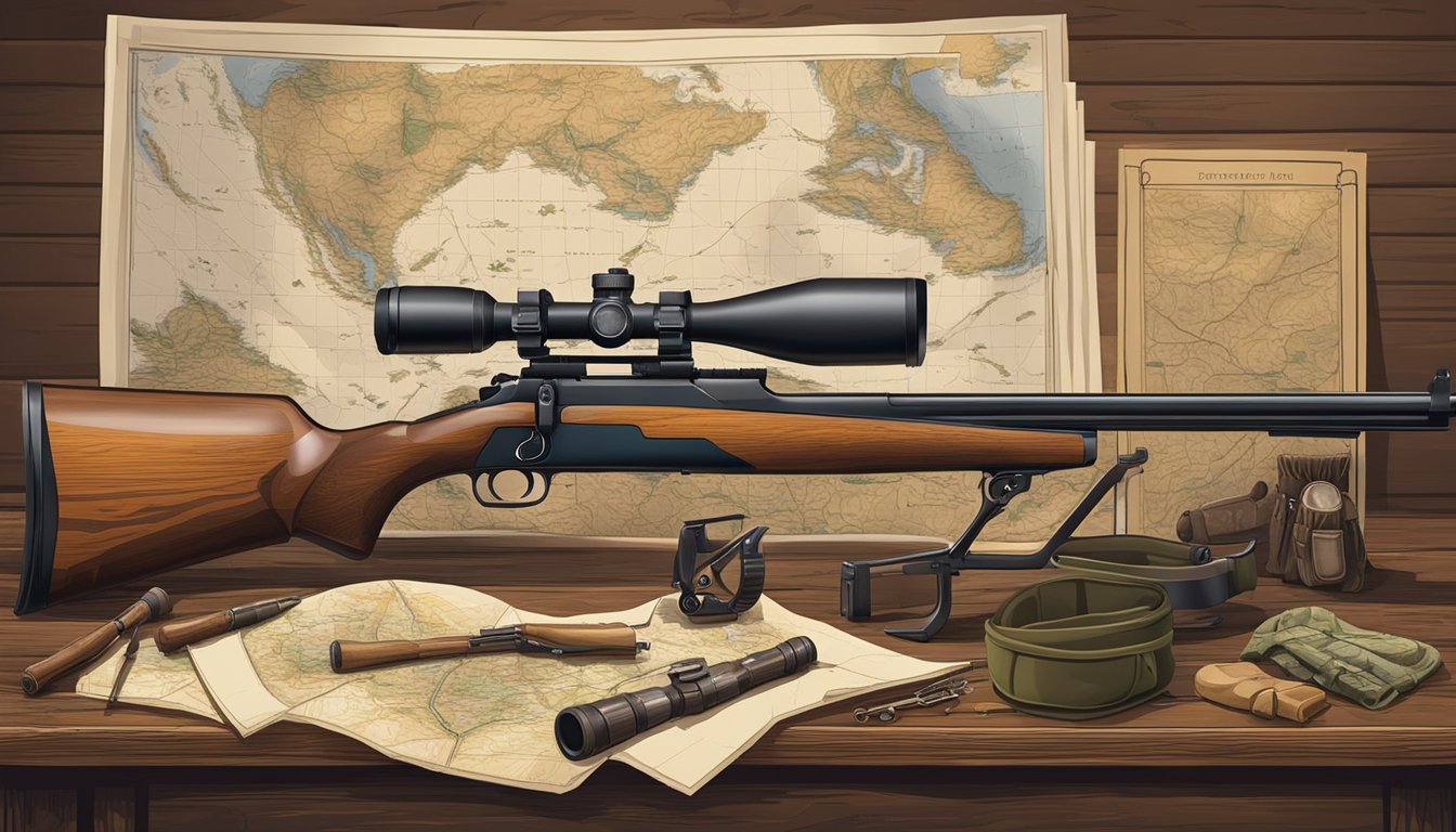 A hunter's rifle resting on a wooden table, surrounded by hunting gear and a map of the hunting area