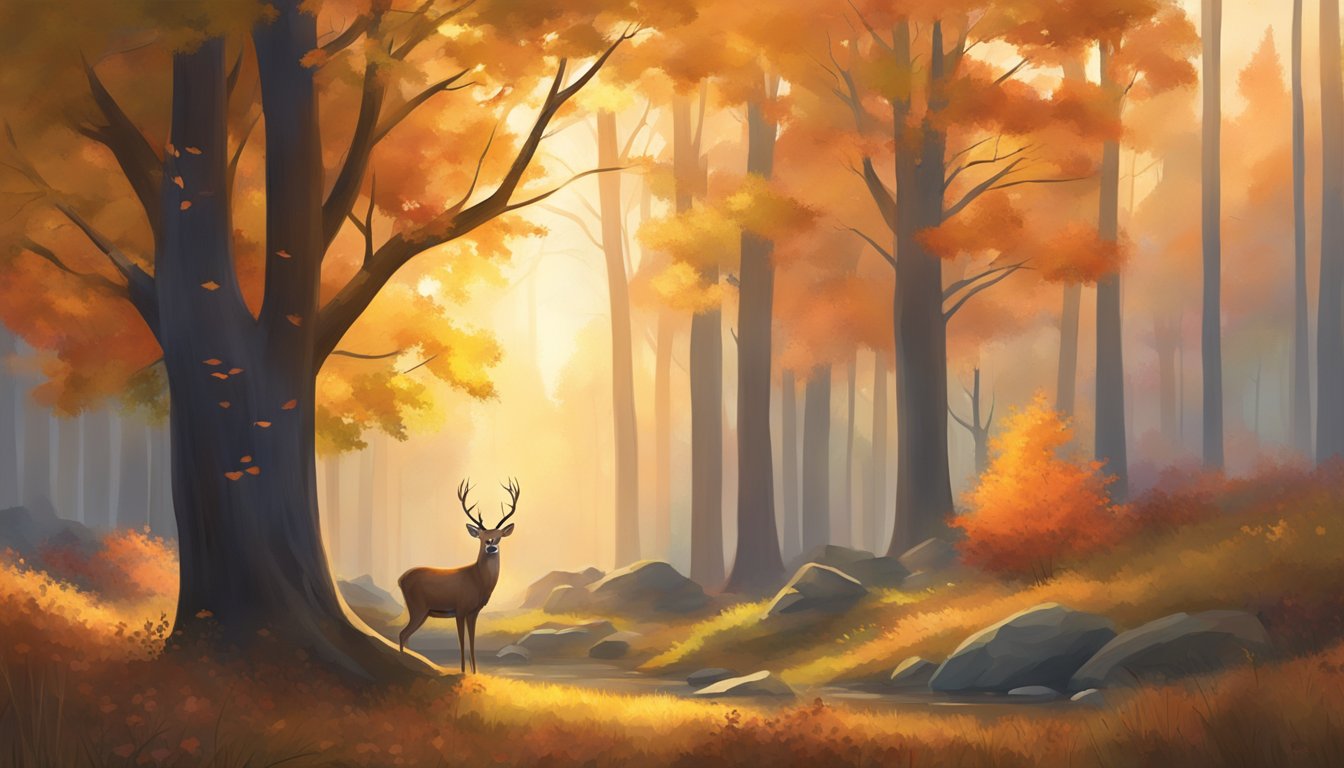 A serene forest clearing at sunset, with a deer peacefully grazing, surrounded by vibrant fall foliage and the soft glow of the changing season