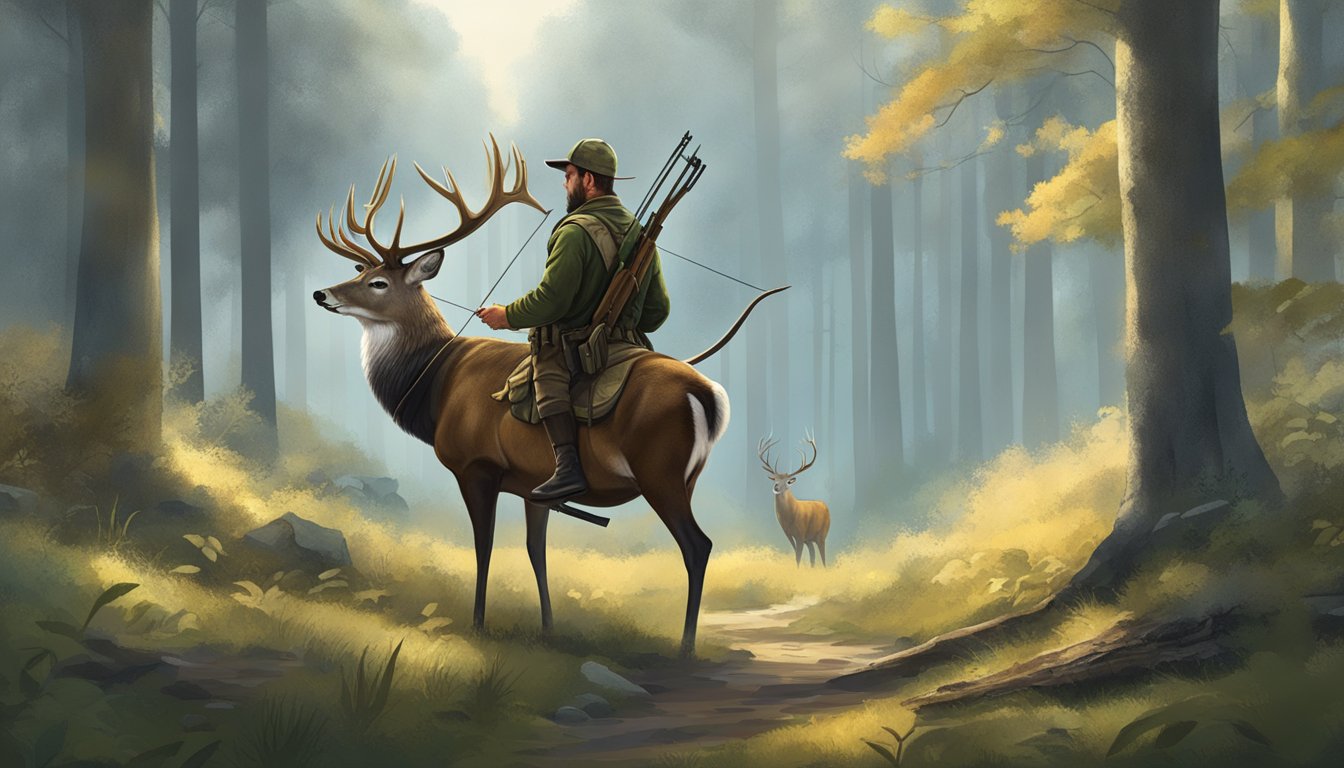 A hunter holding a bow, facing a majestic deer in a serene forest clearing, emphasizing the weight of the weapon and the responsibility of hunting