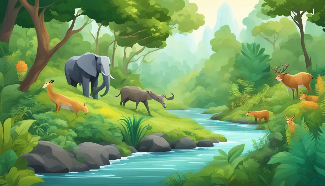 A lush forest with a flowing river, diverse plant life, and various animals interacting in their natural environment