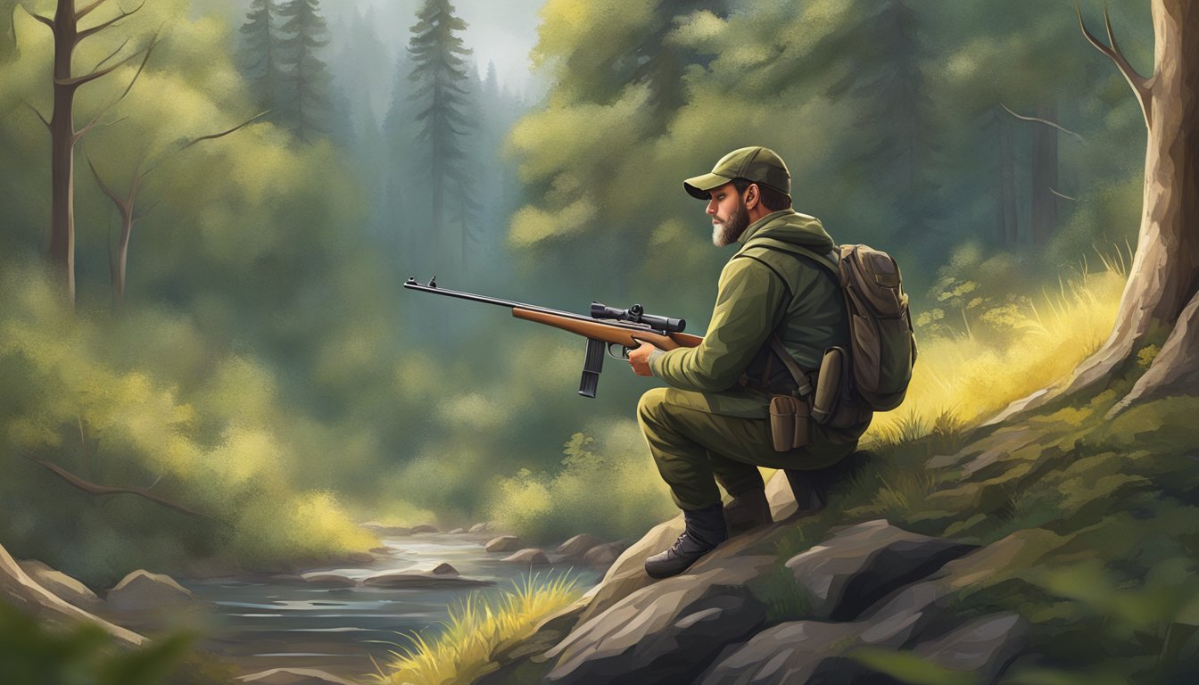 A hunter carefully holds a rifle, eyes focused, surrounded by nature