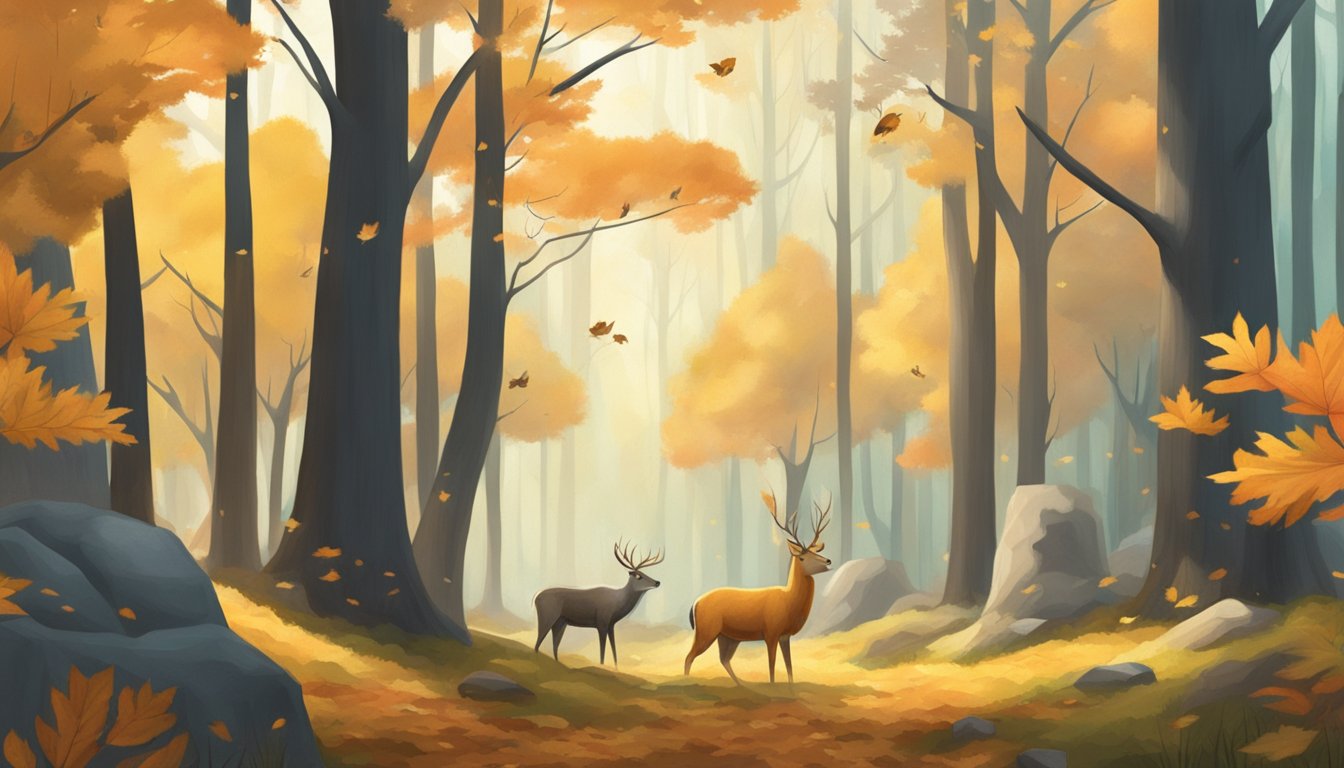 A serene forest with changing leaves and animals preparing for winter