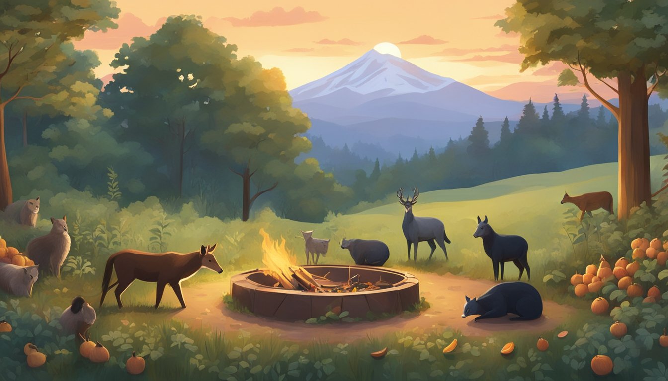 A lush forest clearing with a fire pit surrounded by foraged fruits, nuts, and wild herbs. A group of animals grazes peacefully nearby, while the sun sets behind the distant mountains