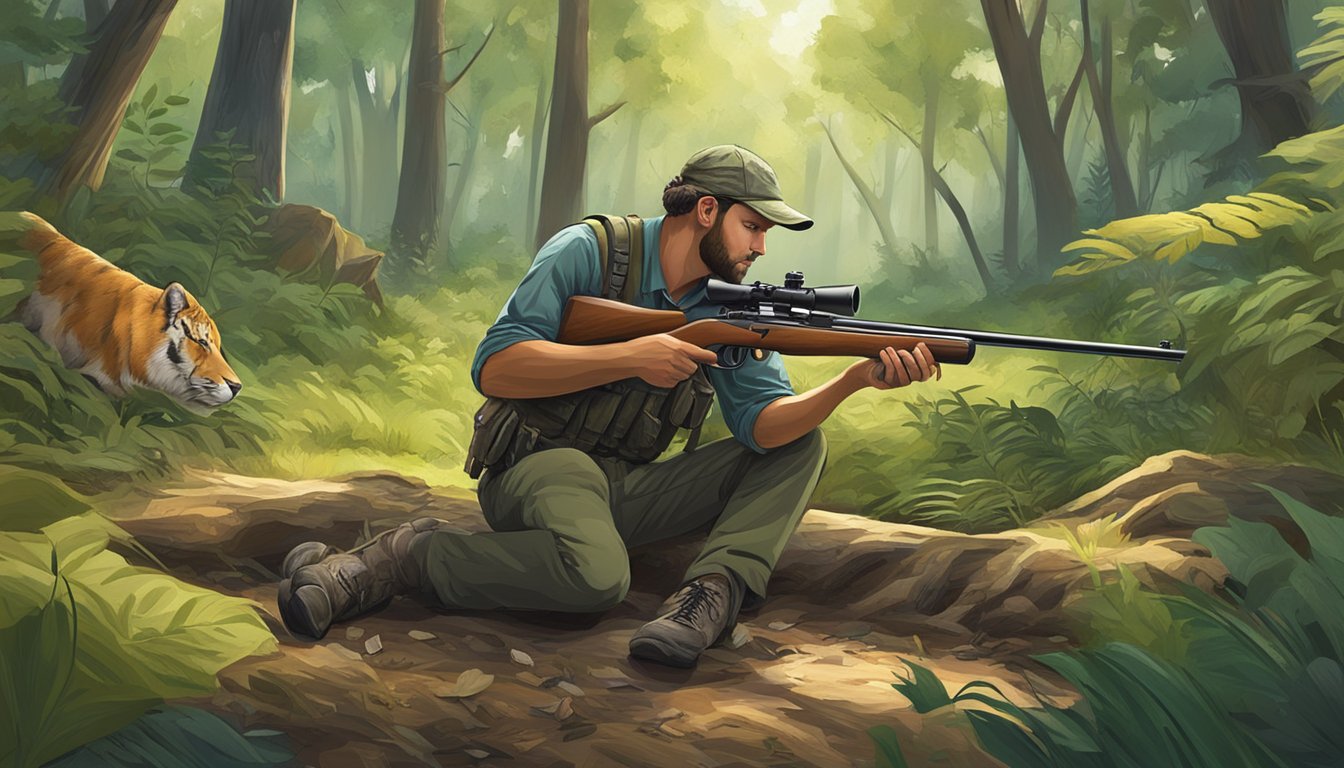 A hunter carefully lays down their rifle in a peaceful forest clearing, surrounded by diverse wildlife and lush vegetation