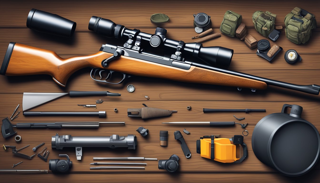 A hunter's rifle rests on a wooden table, surrounded by gear and tools. The scene conveys the weight of responsibility in hunting