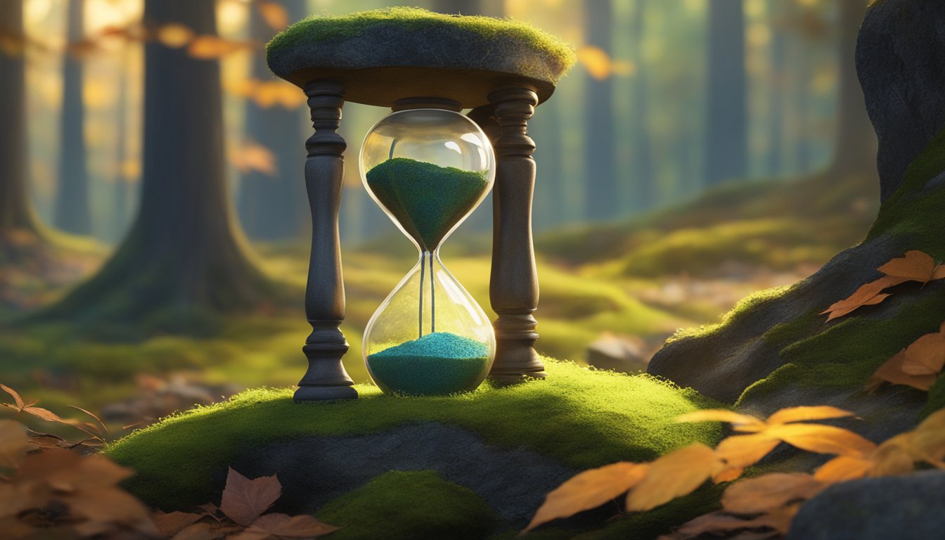 A lone hourglass sits atop a moss-covered rock, surrounded by fallen leaves and the quiet stillness of the forest. The setting sun casts a warm glow, highlighting the passage of time