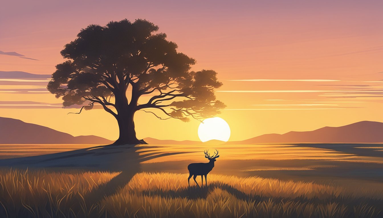 The sun sets behind a lone tree on a vast plain, casting long shadows and highlighting the passage of time. A deer grazes peacefully, unaware of the hunter's presence