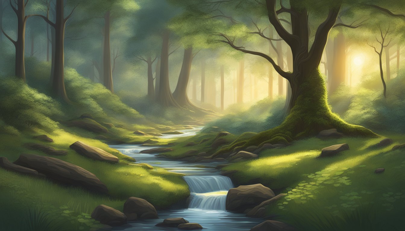 A serene forest clearing at dusk, with a sun-dappled stream and a moss-covered hourglass nestled between ancient trees