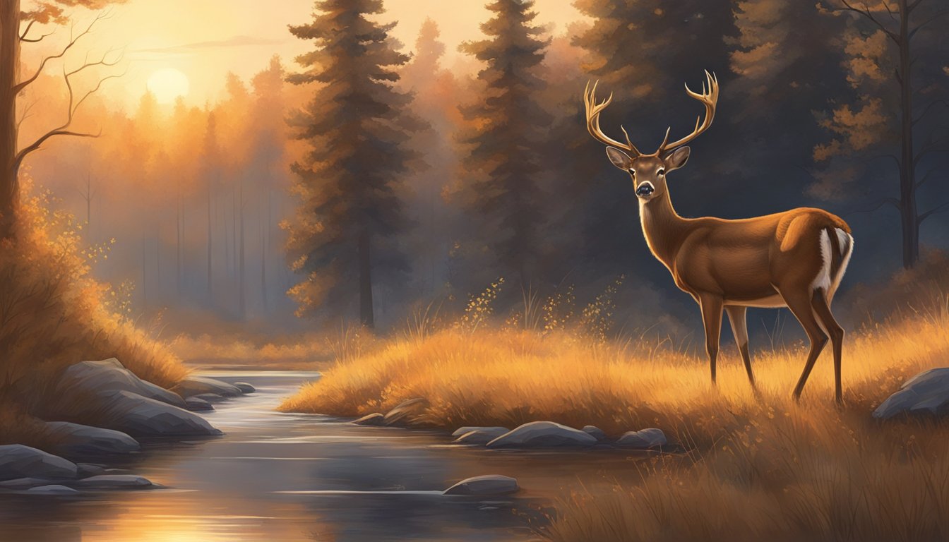 A lone deer pauses at the edge of a forest, bathed in the warm glow of the setting sun, as it navigates the delicate balance between human impact and its own survival