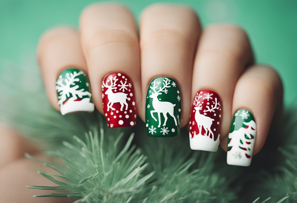 A festive nail design featuring reindeer motifs on short nails, with red and green accents for a Christmas theme