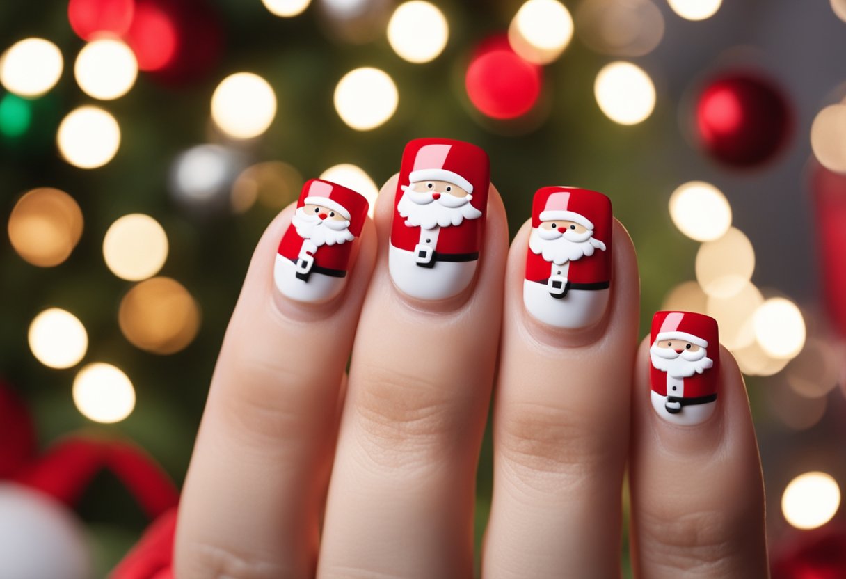 A festive scene with short nails adorned with Santa hat designs in red and white, surrounded by Christmas-themed decorations