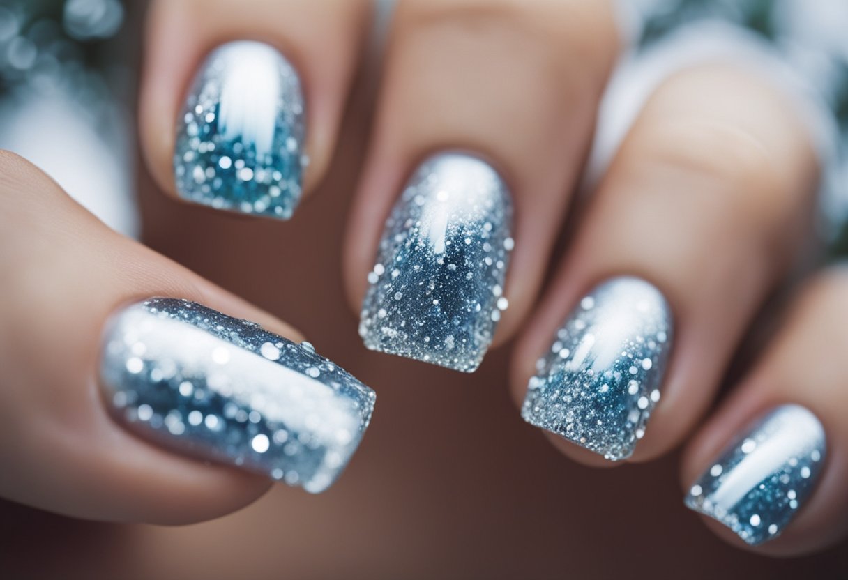 Shimmering icicles adorn short nails in wintry Christmas nail designs