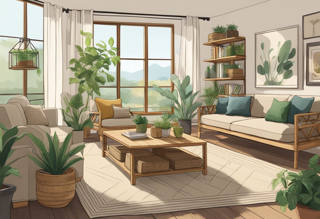 A cozy living room with a variety of sustainable furniture, including a bamboo coffee table, a reclaimed wood bookshelf, and a hemp fabric sofa. Large windows let in natural light, and potted plants add a touch of greenery