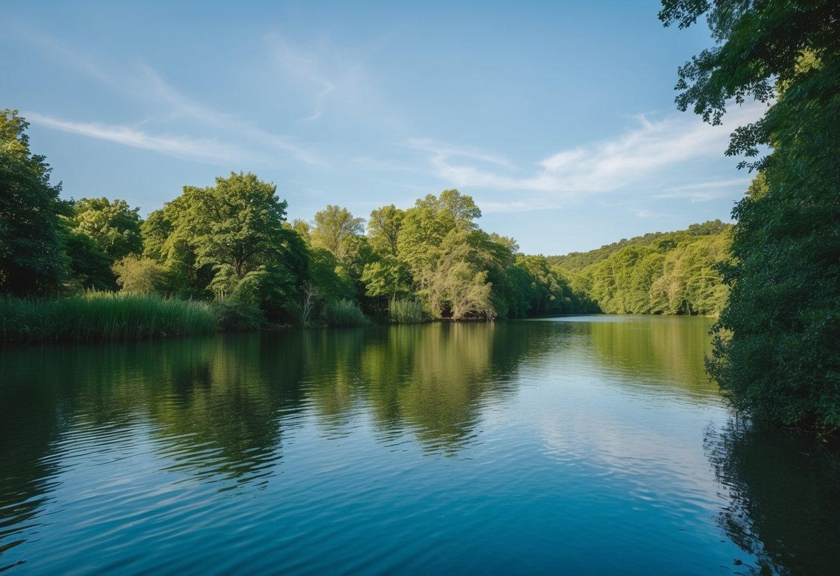 Eine friedliche Naturszene mit einem ruhigen Gewässer, umgeben von üppigem Grün und einem klaren blauen Himmel, die ein Gefühl von Entspannung und Stressabbau vermittelt.