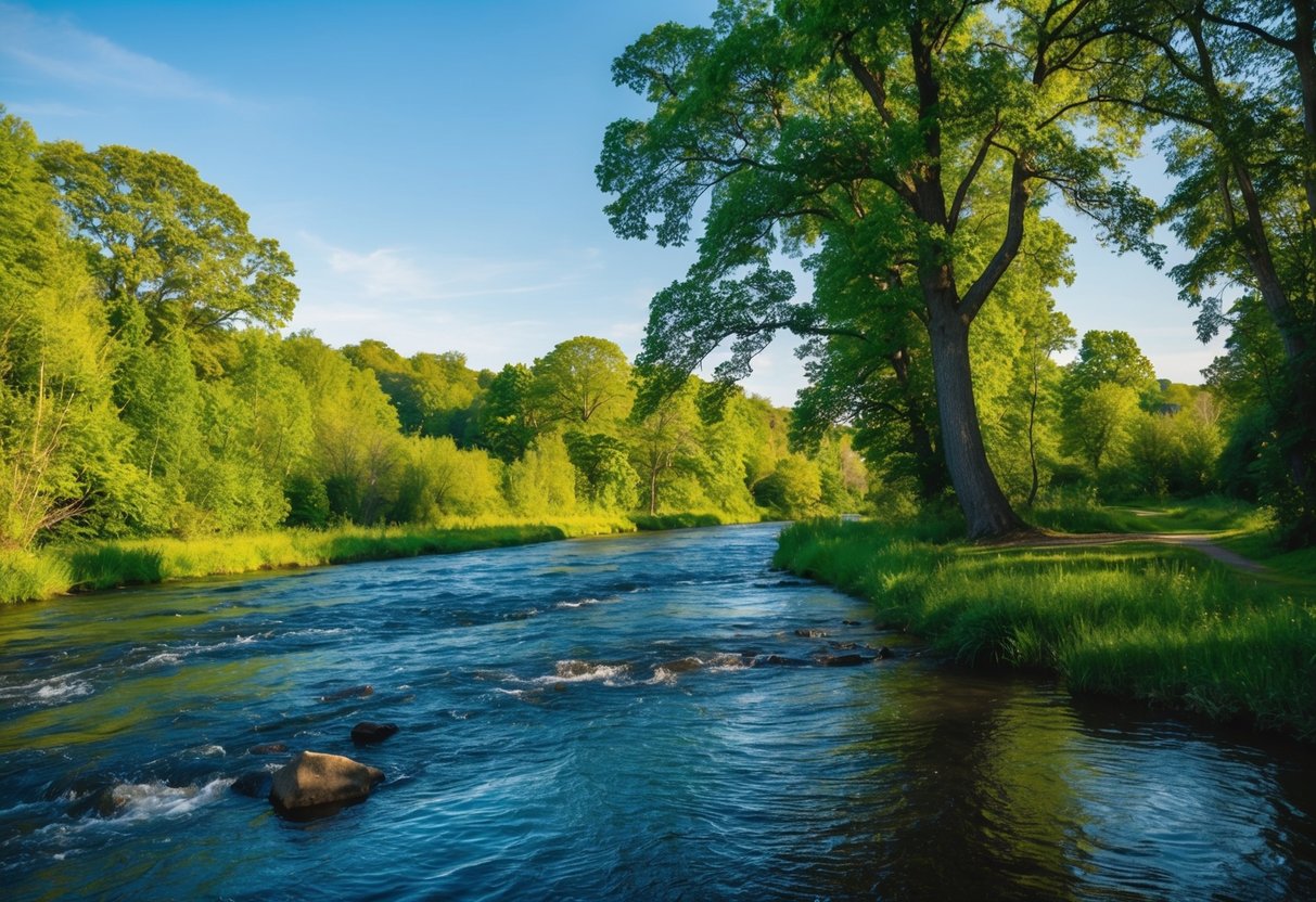 Eine friedliche Naturszene mit einem fließenden Fluss, üppigen grünen Bäumen und einem klaren blauen Himmel, die ein Gefühl von Ruhe und Entspannung hervorruft.