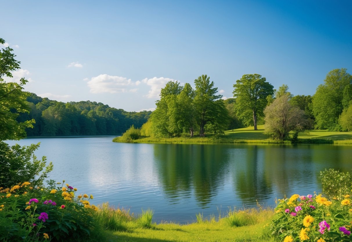 Eine friedliche Naturlandschaft mit einem ruhigen See, umgeben von üppigem Grün und bunten Blumen, unter einem klaren blauen Himmel.