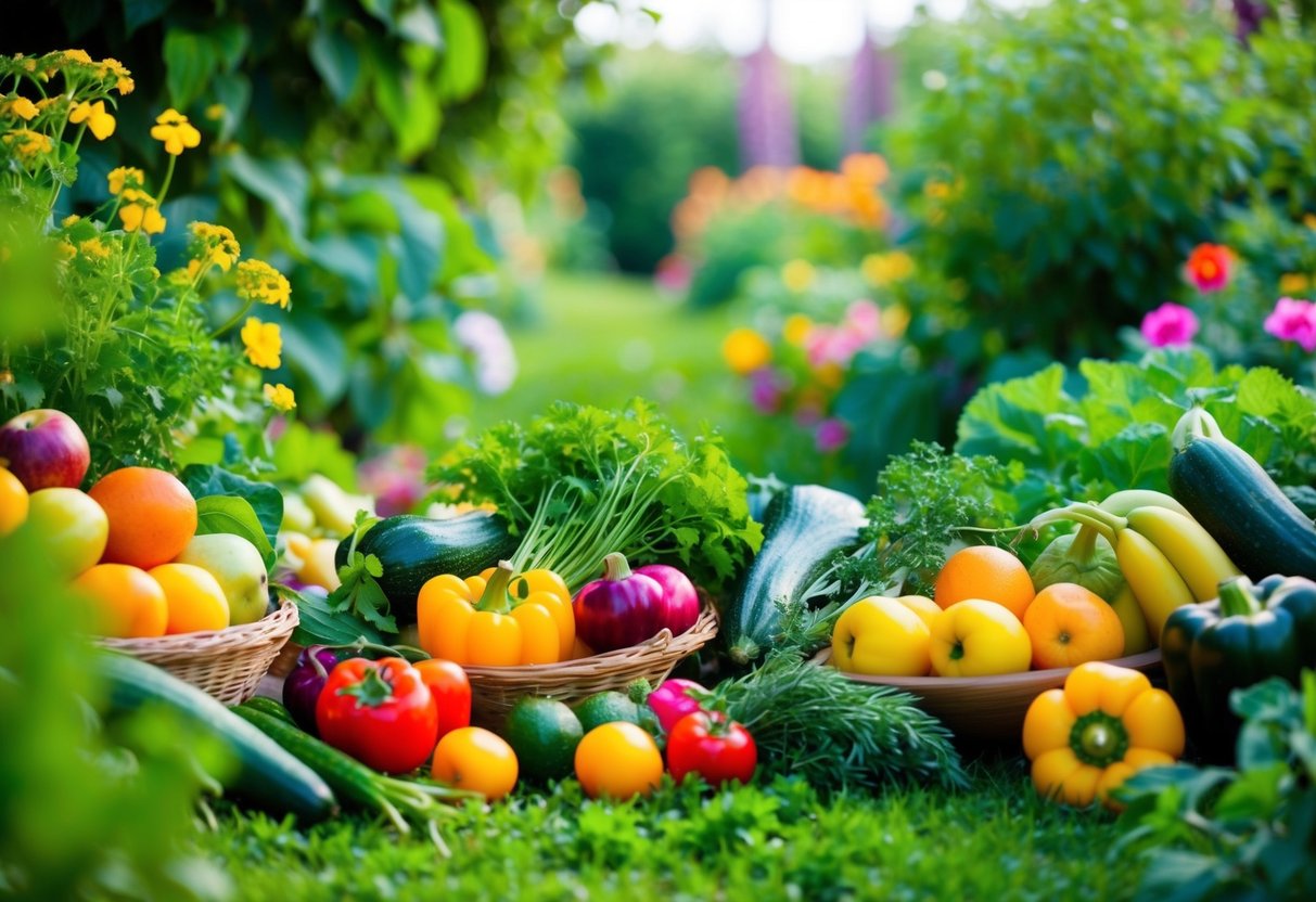 Ein lebendiger Garten mit bunten Früchten, Gemüse und Kräutern, umgeben von üppigem Grün und blühenden Blumen