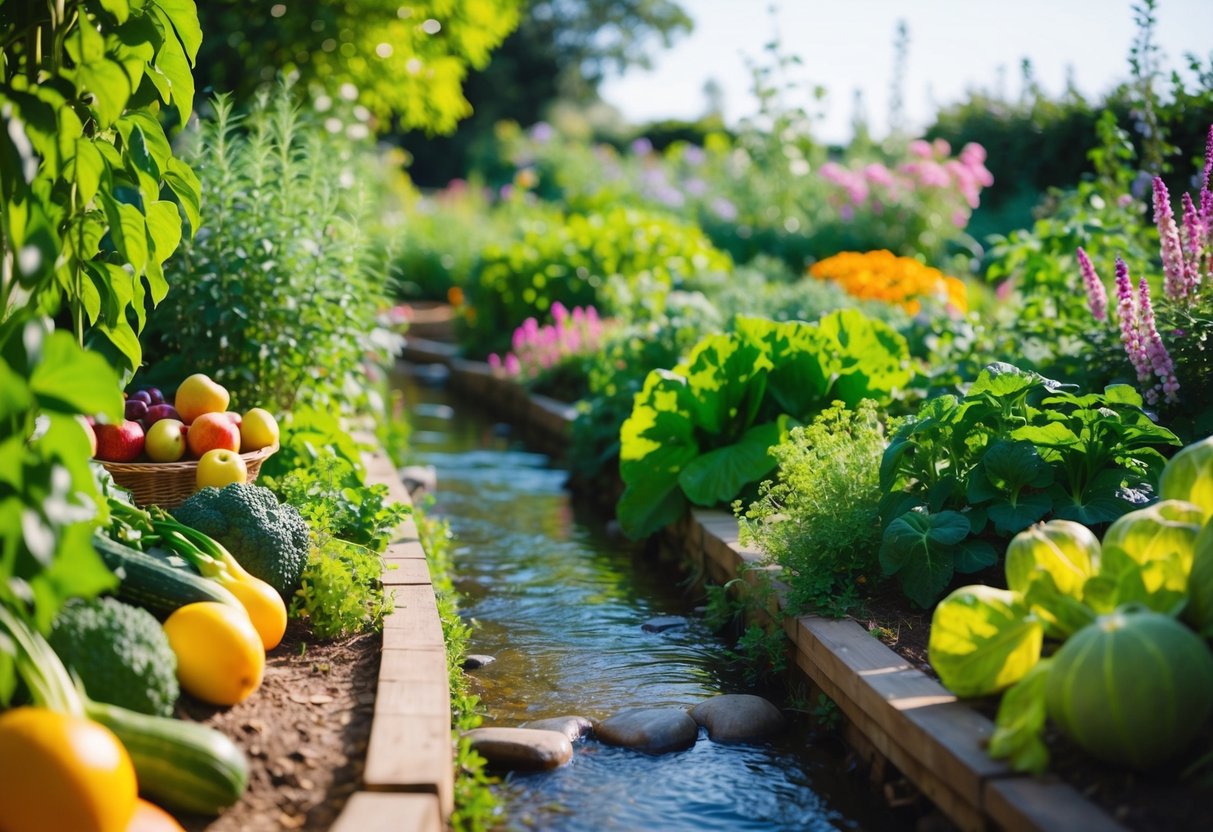 Ein ruhiger, sonnendurchfluteter Garten mit einer Vielzahl von Früchten, Gemüse und Kräutern, die neben einem friedlichen Bach wachsen, umgeben von lebendiger grüner Vegetation und blühenden Blumen.