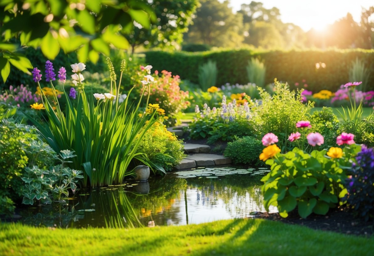 Ein ruhiger Garten mit einem friedlichen Teich, umgeben von üppigem Grün und bunten Blumen, im sanften Sonnenlicht getaucht.