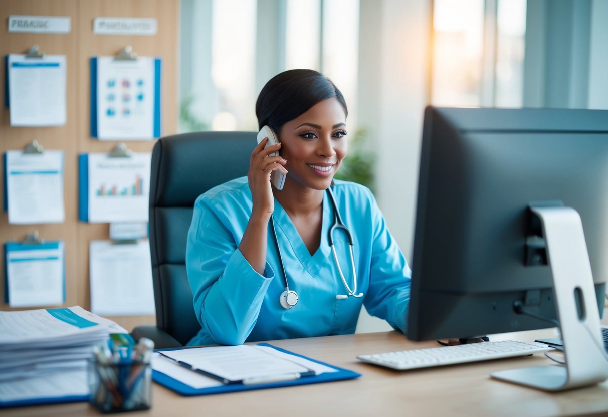 Eine Person, die an einem Schreibtisch sitzt, umgeben von medizinischen Unterlagen und einem Computer, während sie mit einem Gesundheitsdienstleister am Telefon spricht.