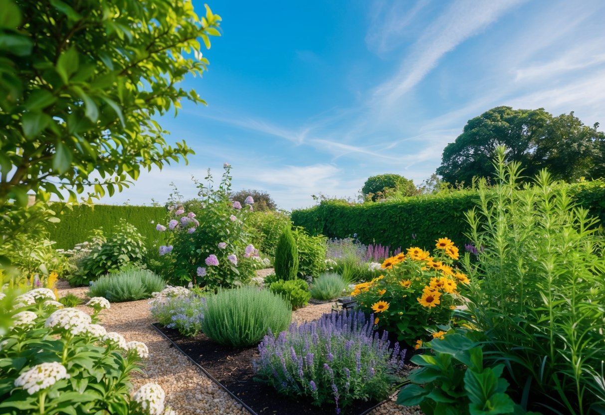 Ein friedlicher Garten mit blühenden Blumen und Kräutern, umgeben von üppigem Grün und einem klaren blauen Himmel