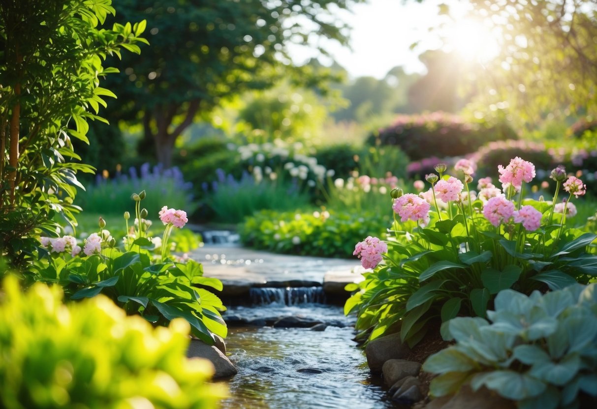 Ein ruhiger Garten mit blühenden Blumen und einem friedlichen Bach, umgeben von üppigem Grün und in sanftem Sonnenlicht getaucht.