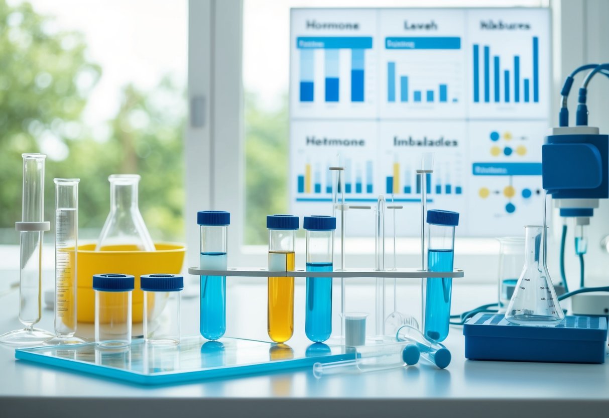 Ein Labor mit Reagenzgläsern, Bechern und wissenschaftlicher Ausrüstung, mit Diagrammen und Grafiken, die Hormonspiegel und Ungleichgewichte anzeigen.