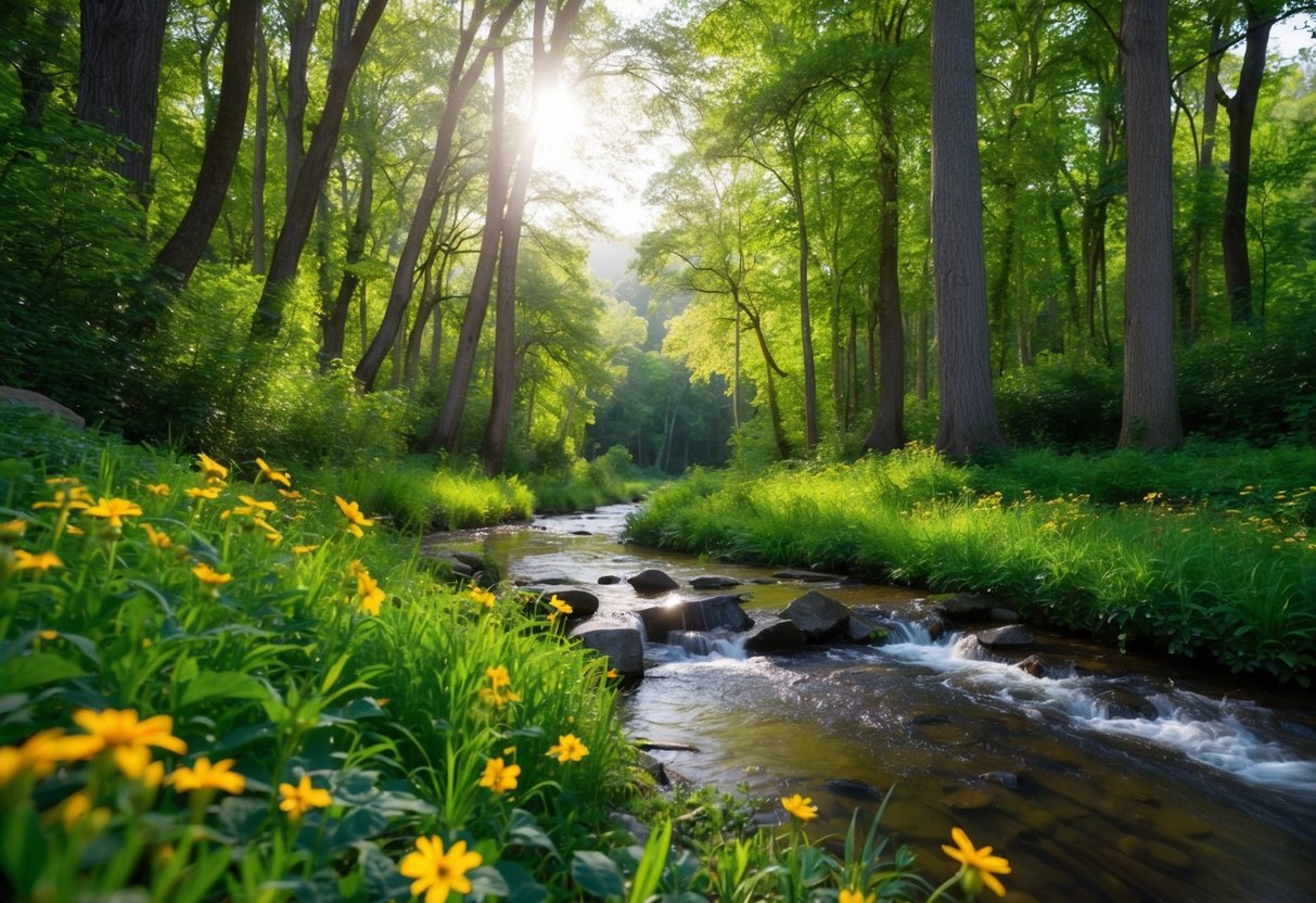 Ein ruhiger Wald mit einem plätschernden Bach, umgeben von lebhaften Wildblumen und üppigem Grün. Die Sonne filtert durch das Blätterdach und wirft geflecktes Licht auf die friedliche Szene.