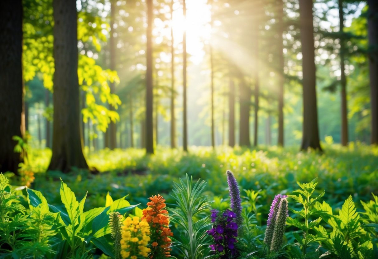 Eine ruhige Waldlichtung, in der Sonnenlicht durch die Bäume filtert und eine Vielzahl von bunten Pflanzen und Kräutern hervorhebt, die für ihre natürlichen schmerzlindernden Eigenschaften bekannt sind.