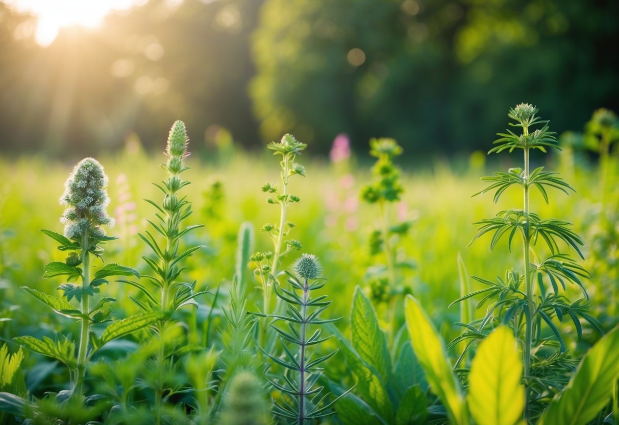 Eine friedliche Szene einer üppigen grünen Wiese mit verschiedenen Heilpflanzen und Kräutern, die reichlich unter dem warmen Sonnenlicht wachsen.