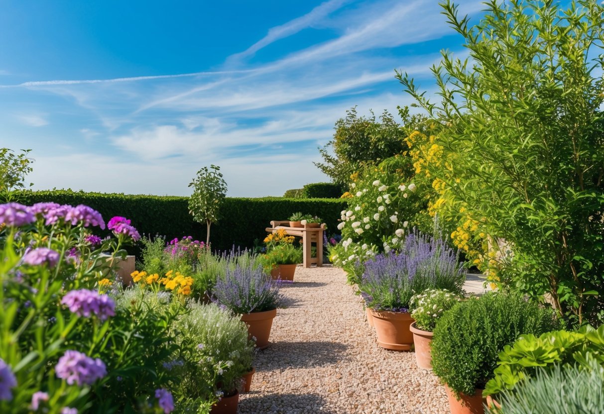 Ein friedlicher Garten mit blühenden Blumen und Kräutern, einem klaren blauen Himmel und einer sanften Brise