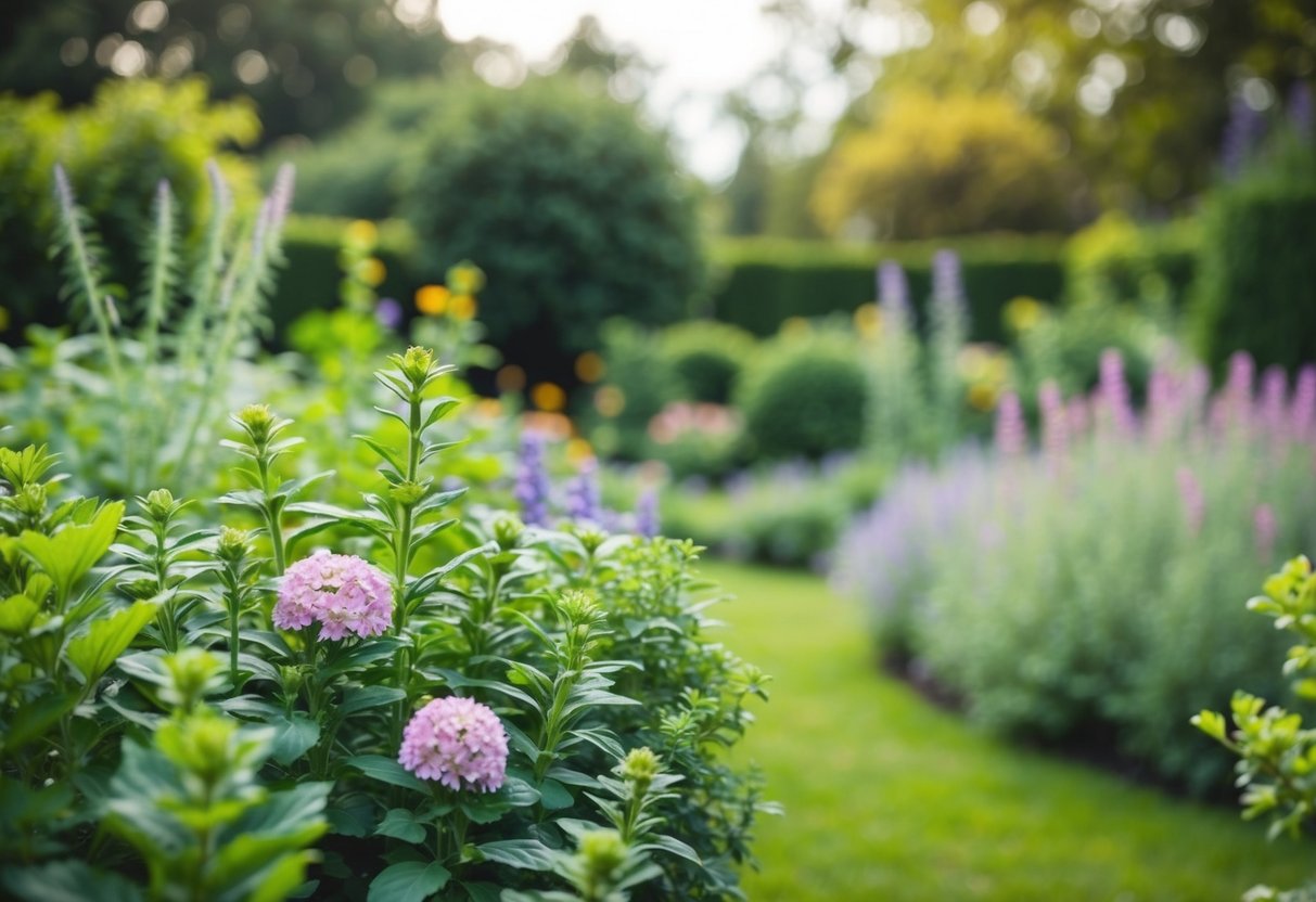 Ein ruhiger Garten mit blühenden Blumen und Kräutern, umgeben von einer friedlichen, natürlichen Umgebung