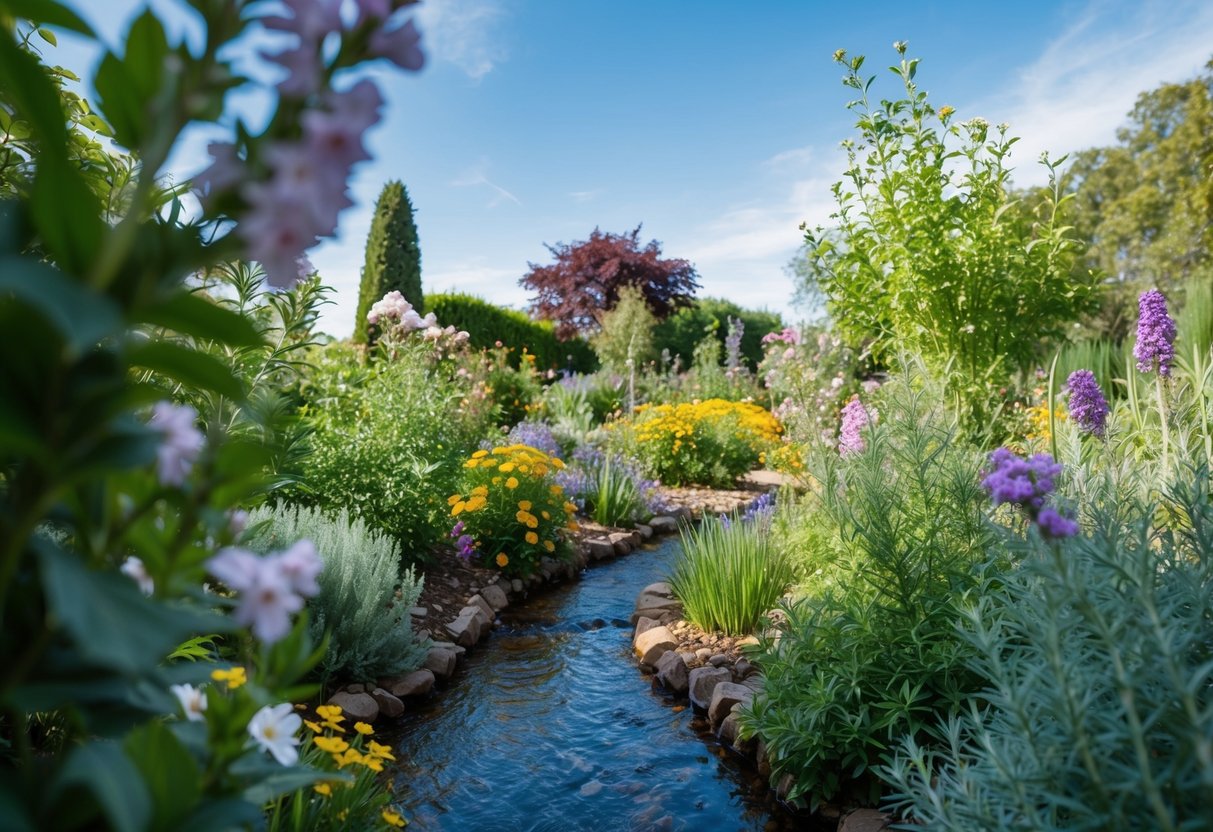 Ein ruhiger Garten mit blühenden Blumen und Kräutern, umgeben von einem sanften Bach und einem klaren blauen Himmel