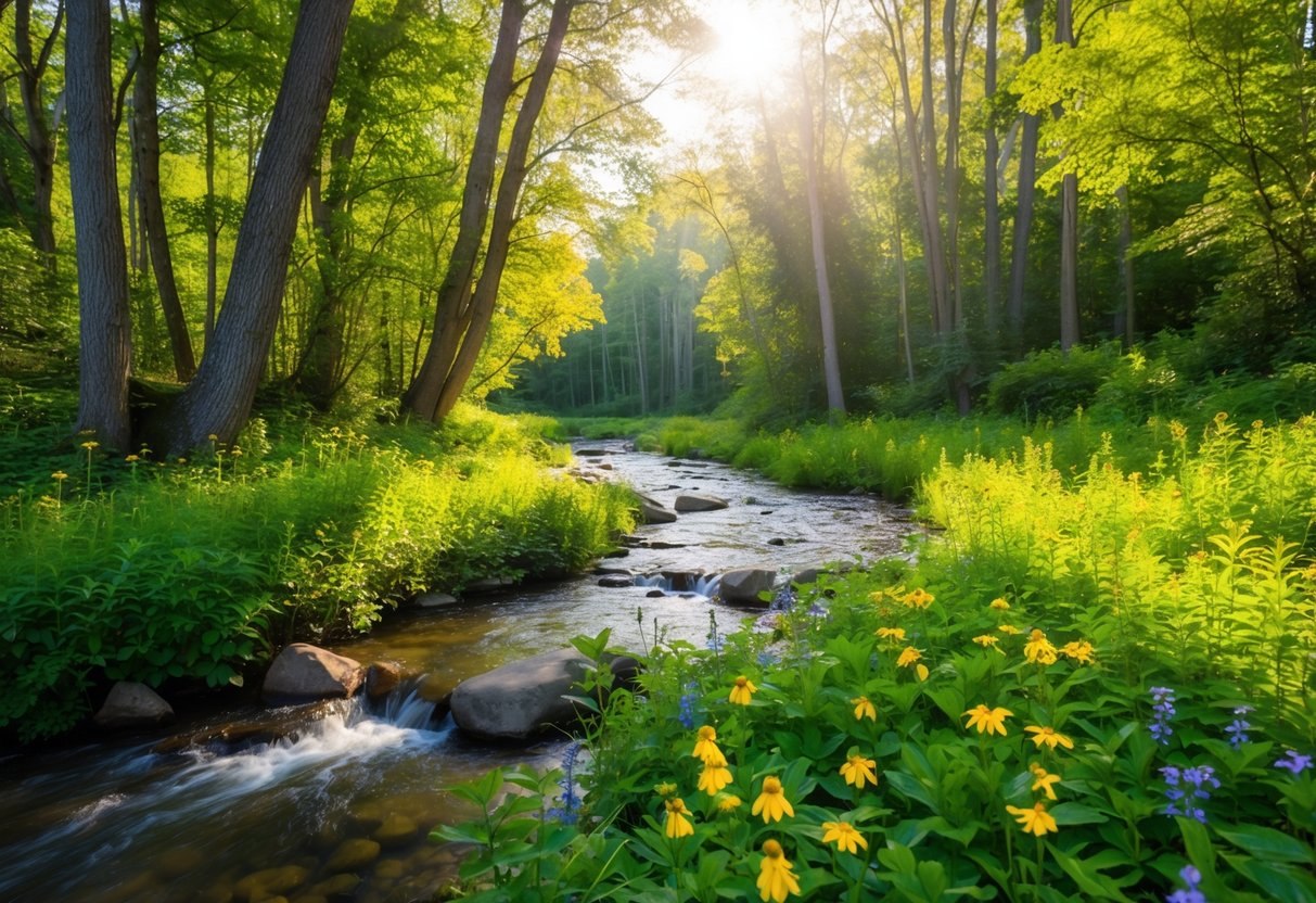 Ein ruhiger Wald mit einem fließenden Bach, umgeben von lebhaftem grünem Laub und bunten Wildblumen. Sonnenlicht filtert durch die Bäume und schafft eine friedliche und belebende Atmosphäre.