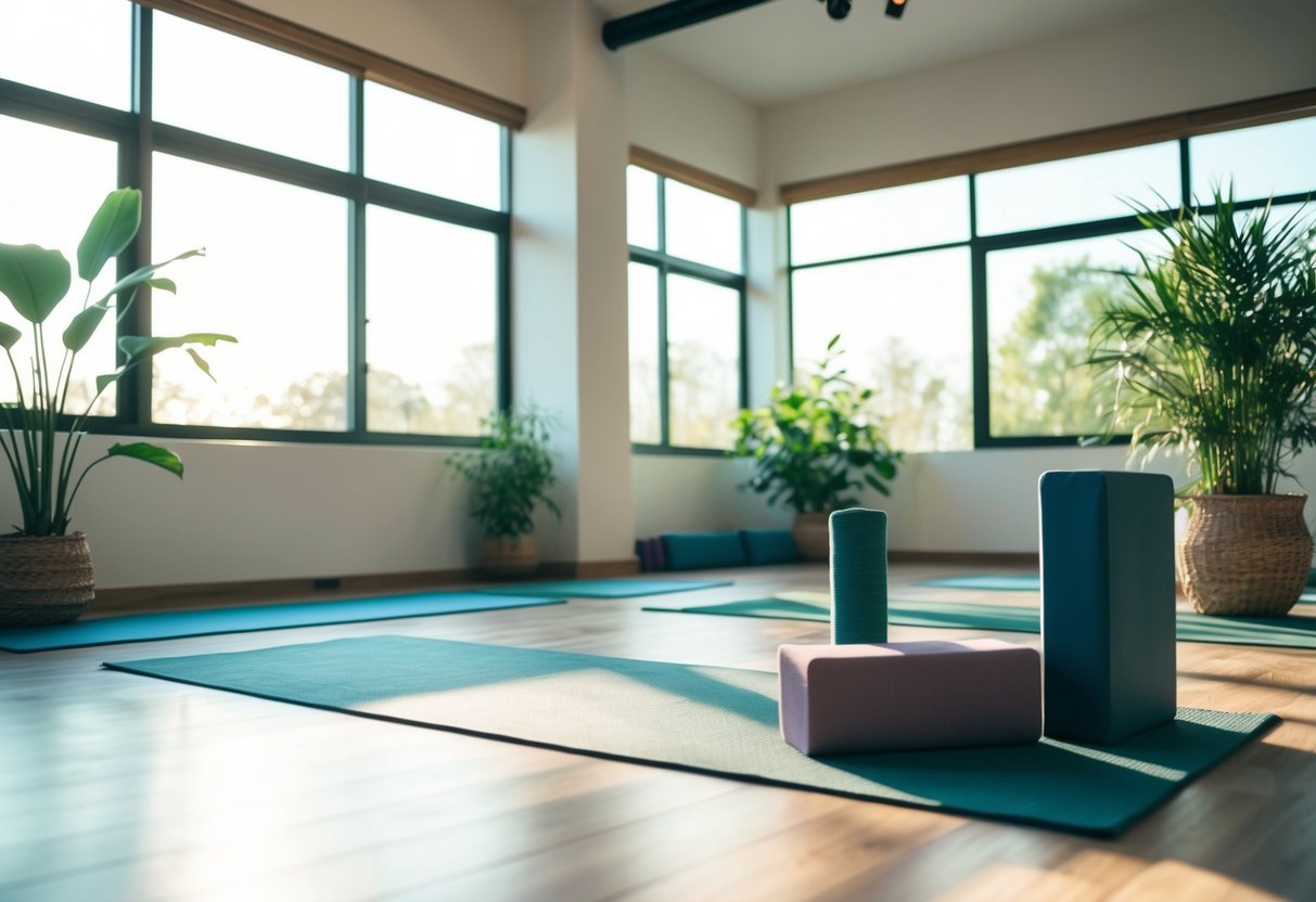 Ein ruhiges Yoga-Studio mit Matten, Blöcken und Pflanzen. Sonnenlicht strömt durch große Fenster und schafft eine friedliche und einladende Atmosphäre.