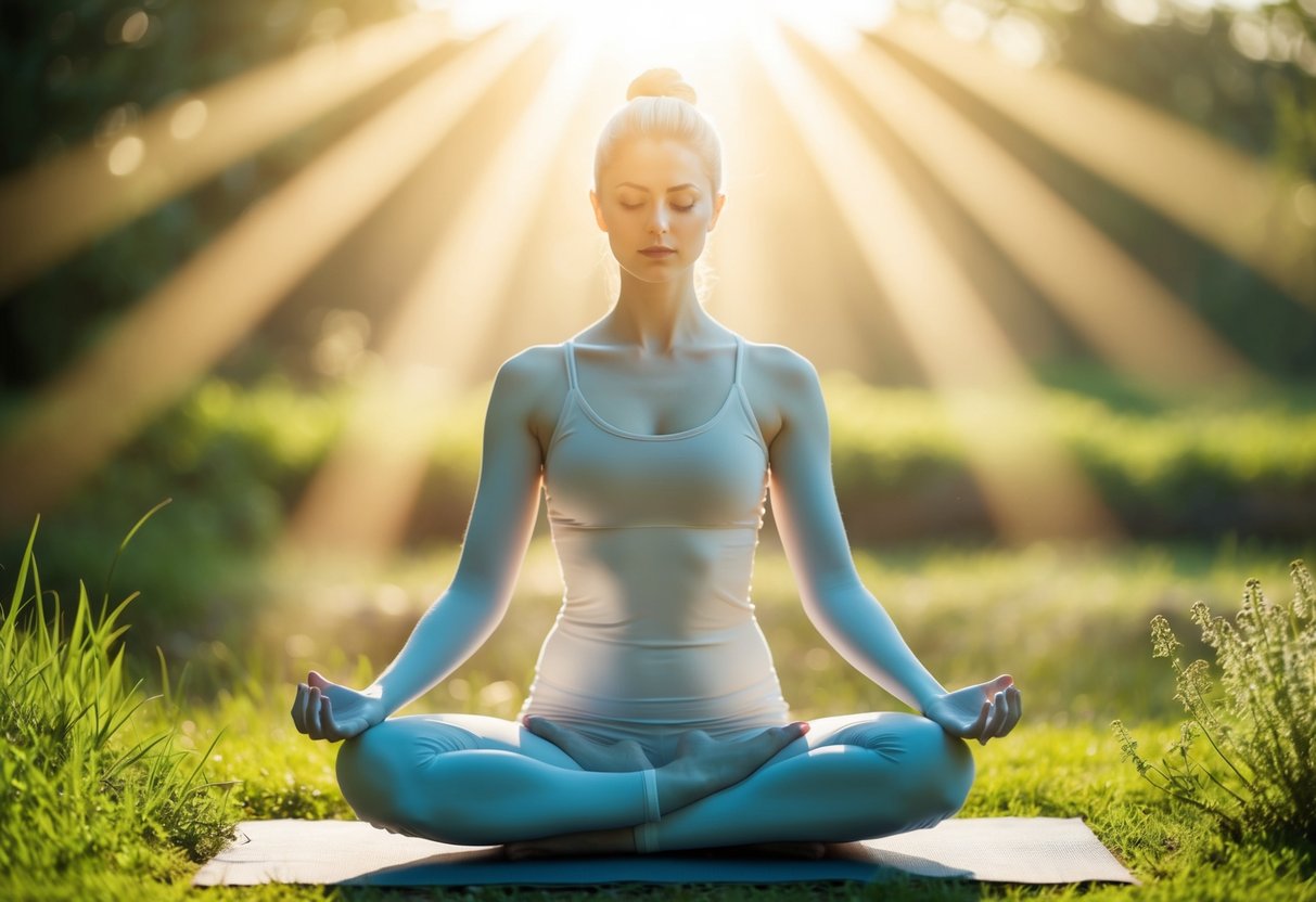 Eine ruhige Figur in Yoga-Position, umgeben von beruhigender Natur, mit Lichtstrahlen, die psychologische und emotionale Vorteile symbolisieren.