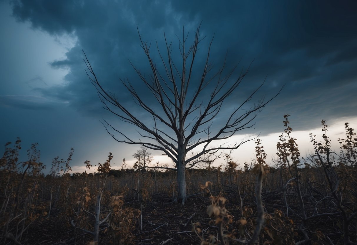 Ein kahler Baum umgeben von verwelkten Pflanzen unter einem dunklen, stürmischen Himmel