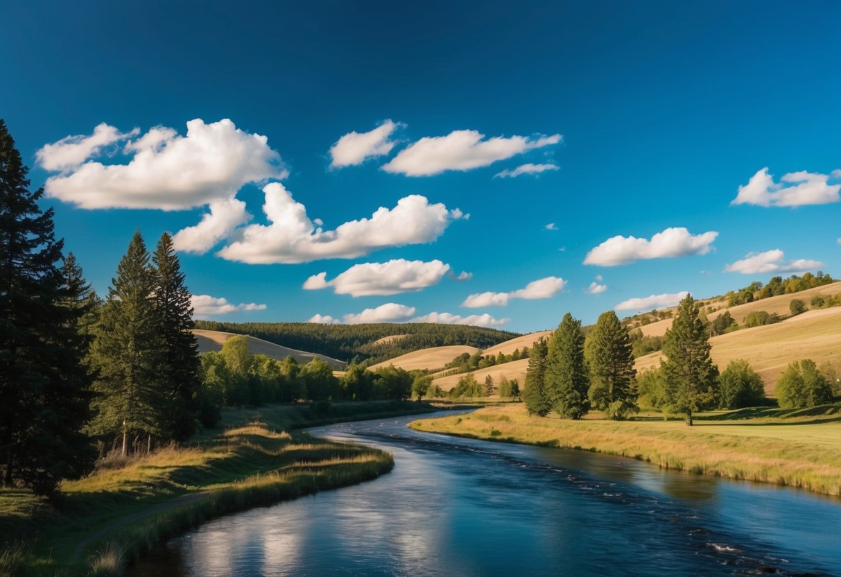 Eine friedliche Landschaft mit einem gewundenen Fluss, umgeben von hohen Bäumen und sanften Hügeln, unter einem klaren blauen Himmel mit flauschigen weißen Wolken