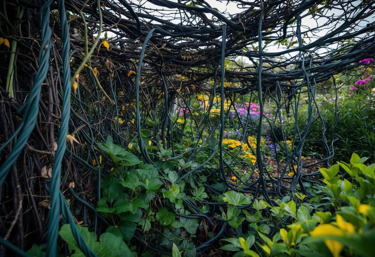 Ein verworrenes Netz aus dunklen, dornenbewehrten Ranken, die das Leben aus einem einst lebendigen, bunten Garten ersticken.