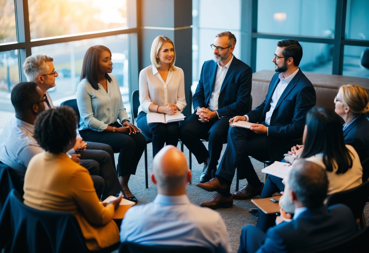 Eine Gruppe von Menschen, die an einem Seminar zur Suchtprävention teilnehmen, sitzt im Kreis und führt eine Diskussion.