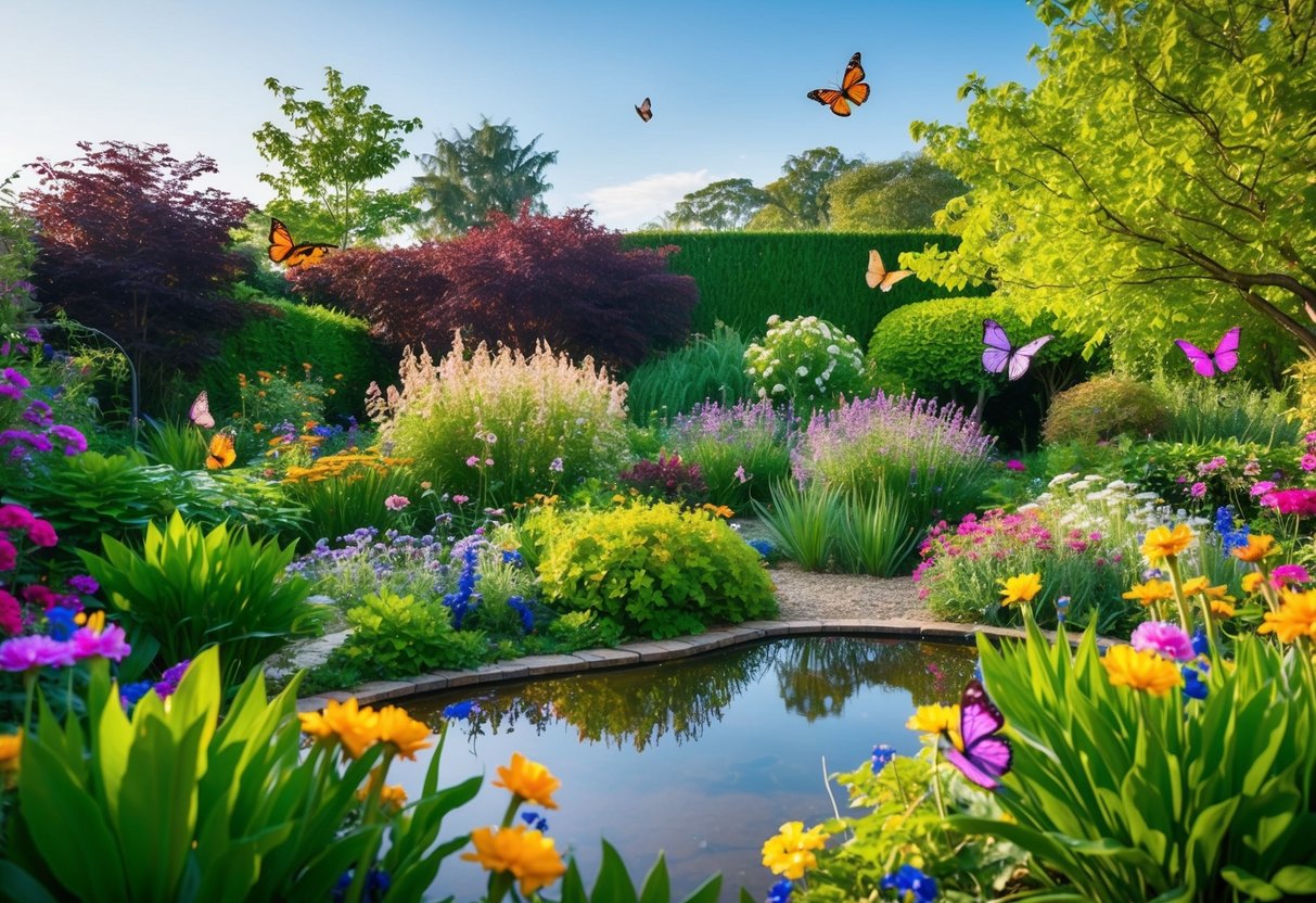 Ein friedlicher Garten mit blühenden Blumen und einem ruhigen Teich, umgeben von üppigem Grün und bunten Schmetterlingen, die umherflattern.