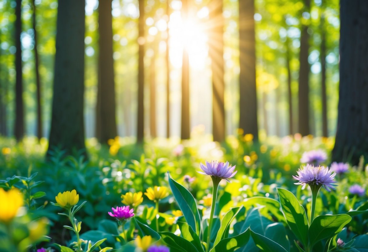 Ein ruhiger Wald, in dem das Sonnenlicht durch die Bäume filtert und eine Vielzahl von Pflanzen und blühenden Blumen hervorhebt, die alternative Optionen zur Hormontherapie darstellen.