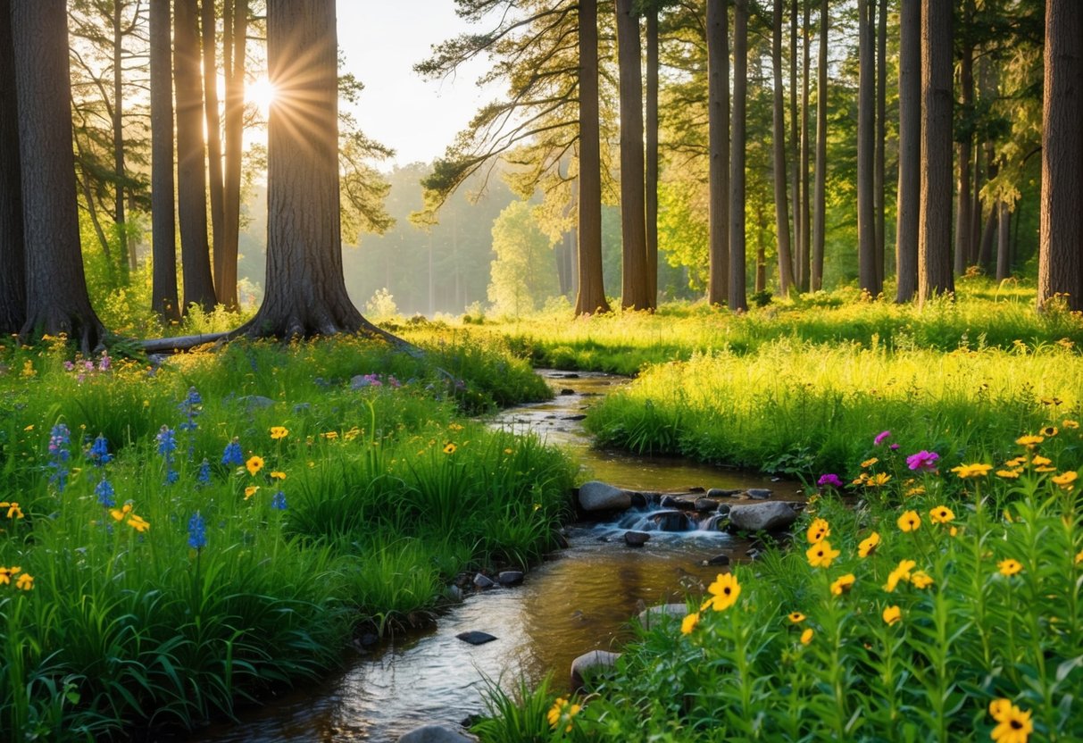 Eine ruhige Waldlichtung mit bunten Wildblumen und einem Bach, umgeben von hohen Bäumen und in warmes Sonnenlicht getaucht