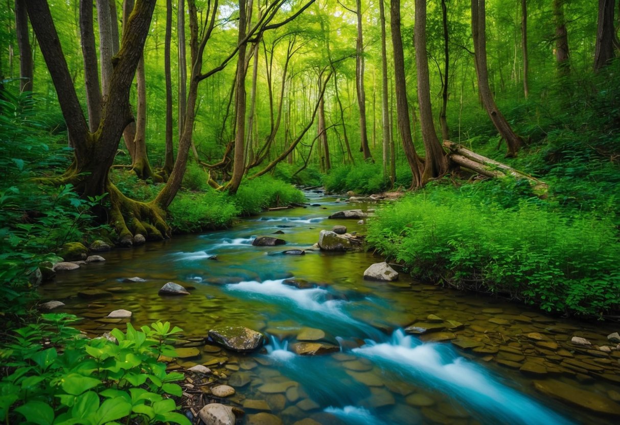 Ein unberührter Wald mit klaren Bächen und lebendiger Tierwelt, frei von Verschmutzung und Toxinen